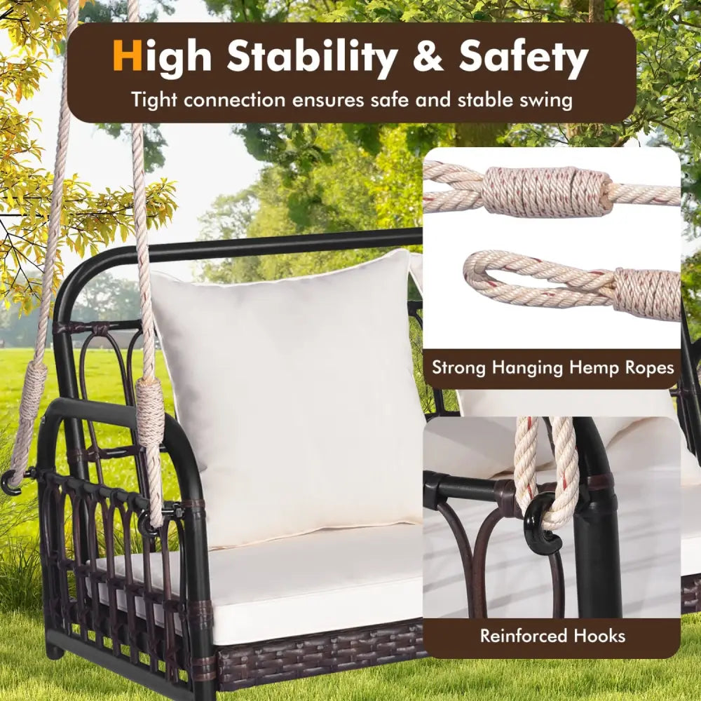 880LBS Wicker Hanging Porch Swing with Cushions-White - White - Porch Swings