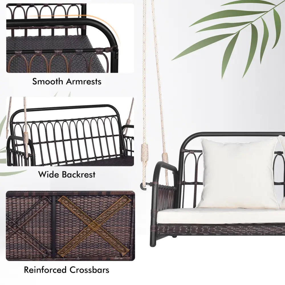 880LBS Wicker Hanging Porch Swing with Cushions-White - White - Porch Swings
