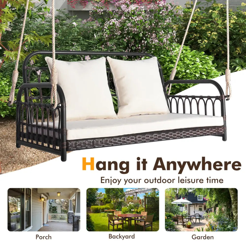 880LBS Wicker Hanging Porch Swing with Cushions-White - White - Porch Swings