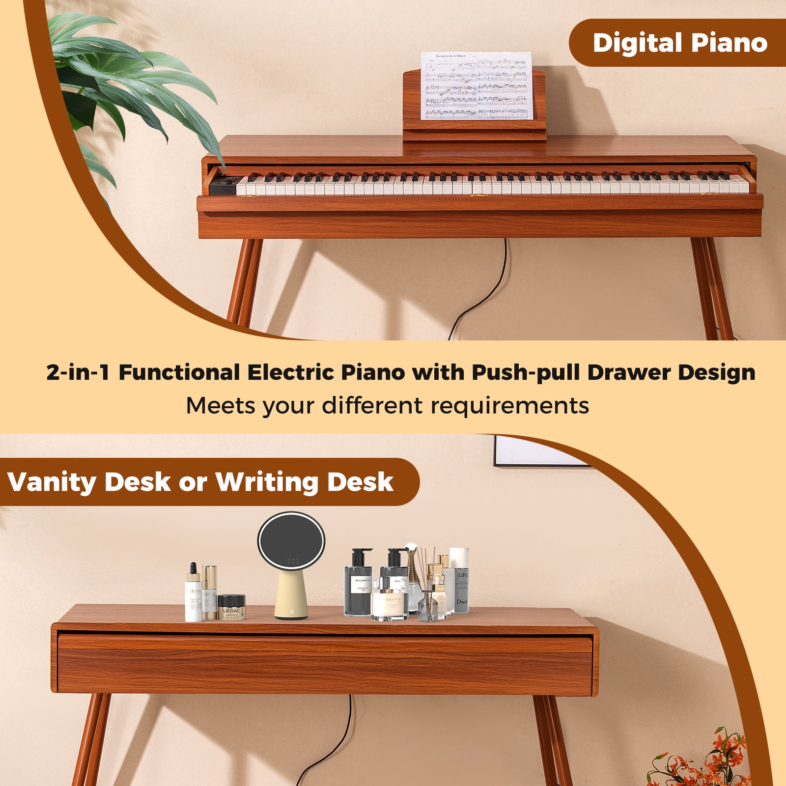 88-Key Graded Hammer Action Weighted Keyboard with Push-pull Drawer-Brown