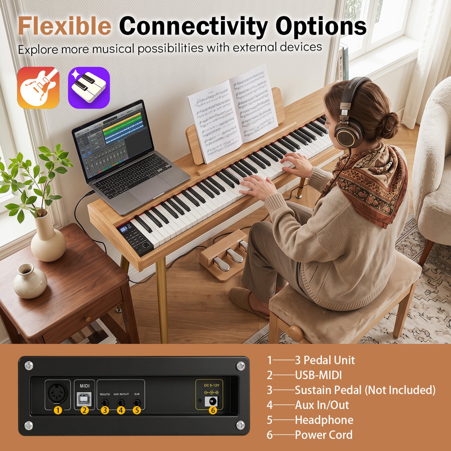 88-Key Semi-Weighted Digital Piano with 3 Pedal Unit and 80 Demos-Natural