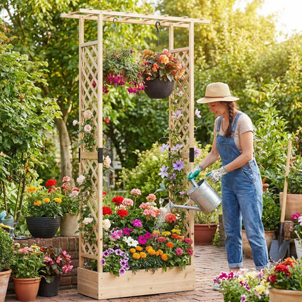 89 Inch Tall Wooden Raised Garden Bed with Side Trellis and Hanging Roof Drainage Holes-Natural - Natural - Raised
