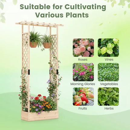 89 Inch Tall Wooden Raised Garden Bed with Side Trellis and Hanging Roof Drainage Holes-Natural - Natural - Raised