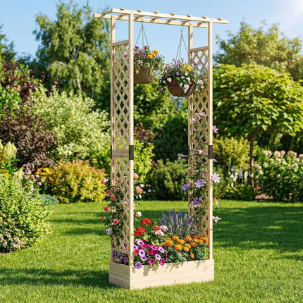 89 Inch Tall Wooden Raised Garden Bed with Side Trellis and Hanging Roof Drainage Holes-Natural - Natural - Raised