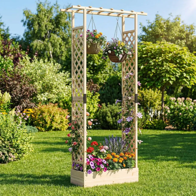 89 Inch Tall Wooden Raised Garden Bed with Side Trellis and Hanging Roof Drainage Holes-Natural - Natural - Raised