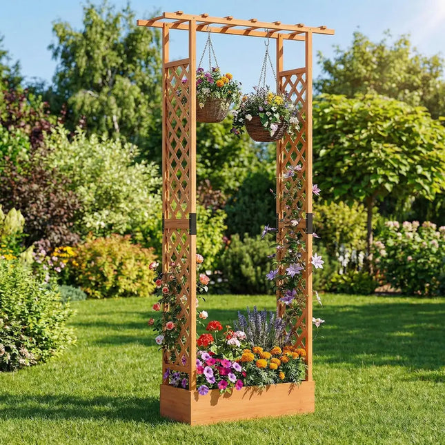 89 Inch Tall Wooden Raised Garden Bed with Side Trellis and Hanging Roof Drainage Holes-Orange - Orange - Raised Garden