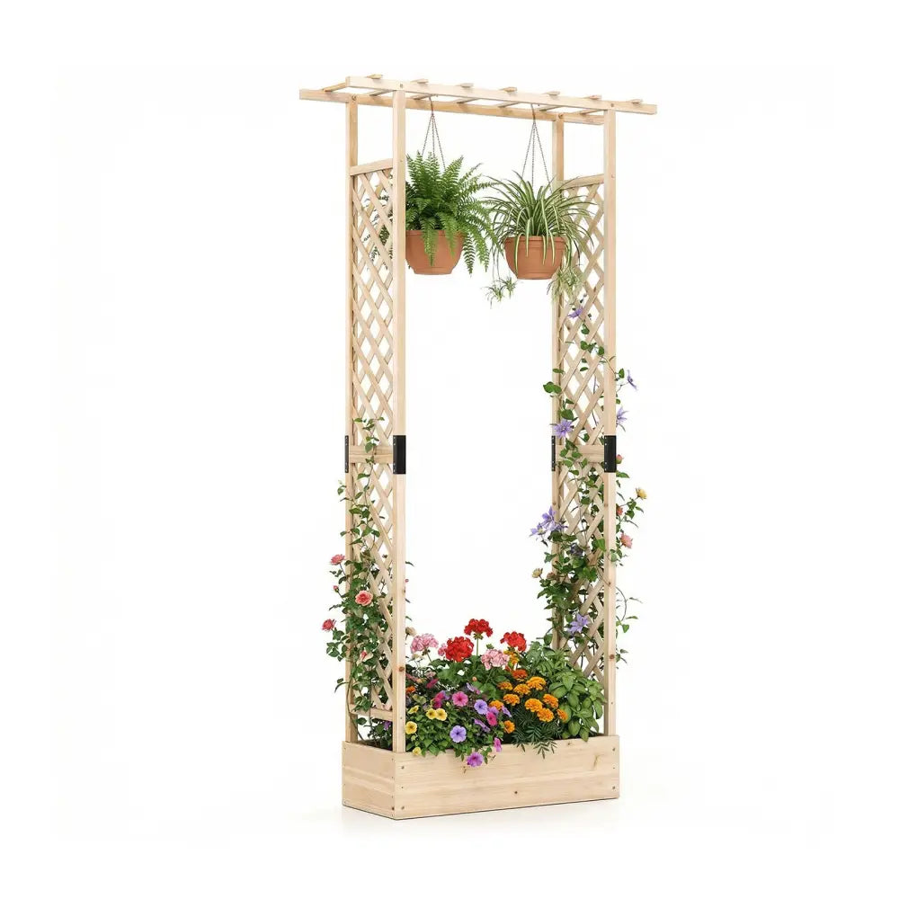 89 Inch Tall Wooden Raised Garden Bed with Side Trellis and Hanging Roof Drainage Holes-Natural - Natural - Raised
