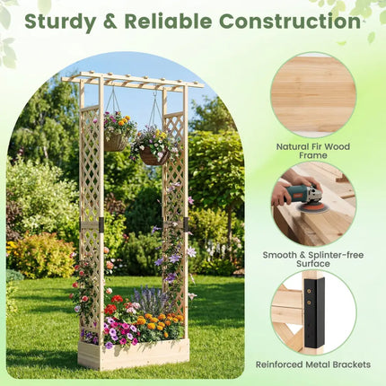 89 Inch Tall Wooden Raised Garden Bed with Side Trellis and Hanging Roof Drainage Holes-Natural - Natural - Raised