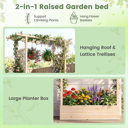 89 Inch Tall Wooden Raised Garden Bed with Side Trellis and Hanging Roof Drainage Holes-Natural - Natural - Raised