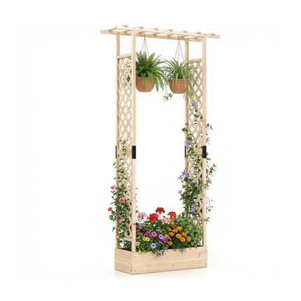 89 Inch Tall Wooden Raised Garden Bed with Side Trellis and Hanging Roof Drainage Holes-Natural - Natural - Raised