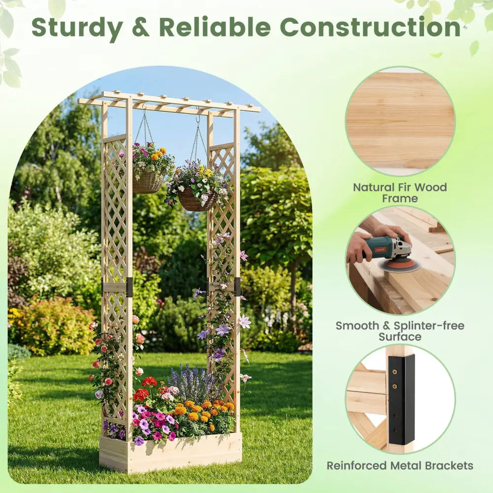 89 Inch Tall Wooden Raised Garden Bed with Side Trellis and Hanging Roof Drainage Holes-Natural - Natural - Raised