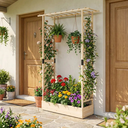 89 Inch Tall Wooden Raised Garden Bed with Side Trellis and Hanging Roof Drainage Holes-Natural - Natural - Raised