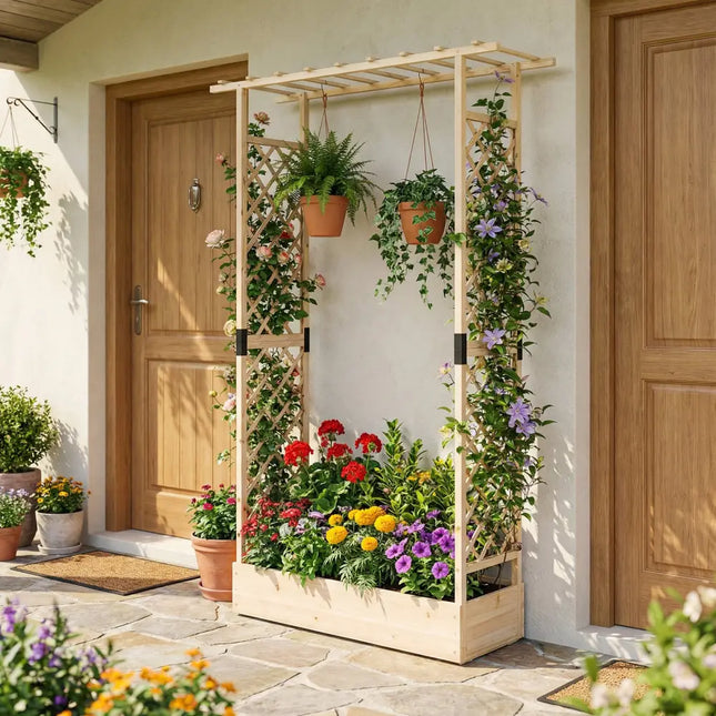 89 Inch Tall Wooden Raised Garden Bed with Side Trellis and Hanging Roof Drainage Holes-Natural - Natural - Raised