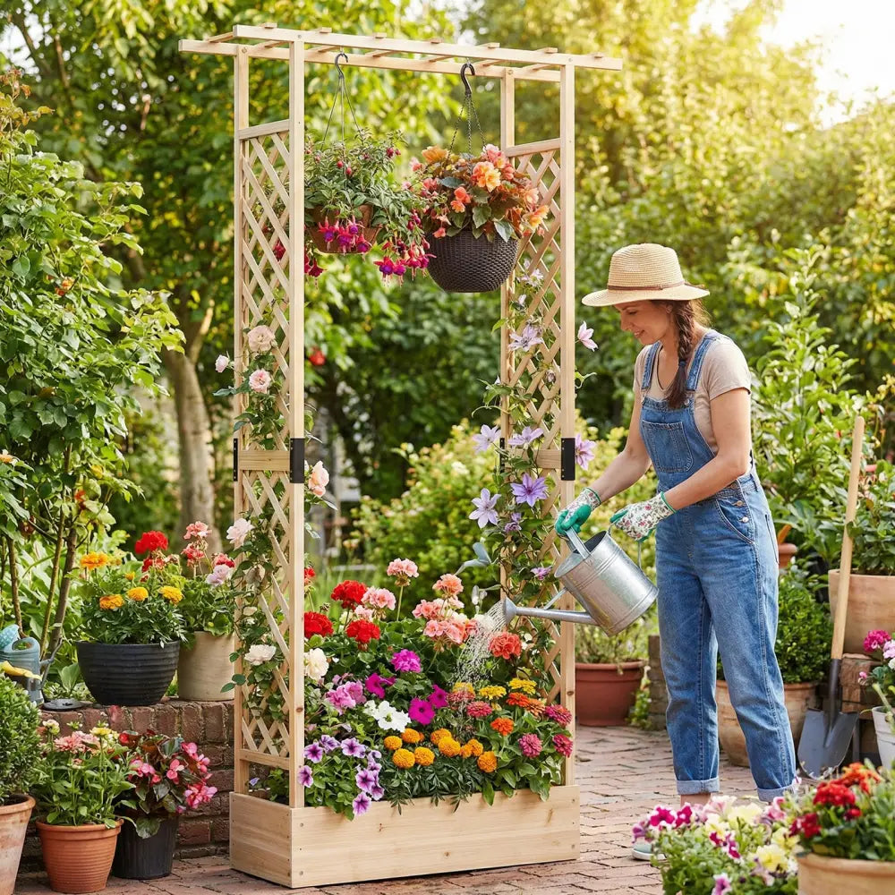 89 Inch Tall Wooden Raised Garden Bed with Side Trellis and Hanging Roof Drainage Holes-Natural - Natural - Raised