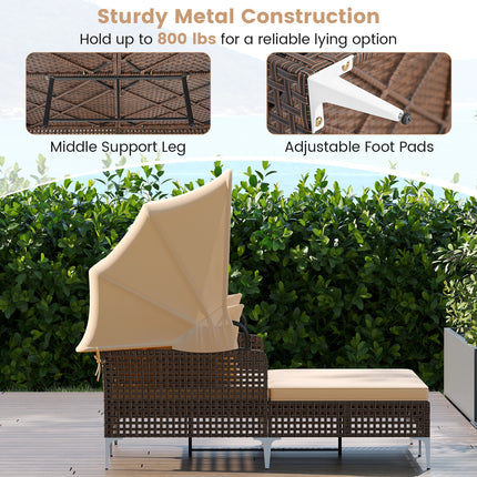 Outdoor Daybed with Retractable Canopy PE Wicker Rattan Patio Lounger-Brown