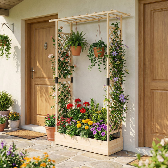 89 Inch Tall Wooden Raised Garden Bed with Side Trellis and Hanging Roof Drainage Holes-Natural