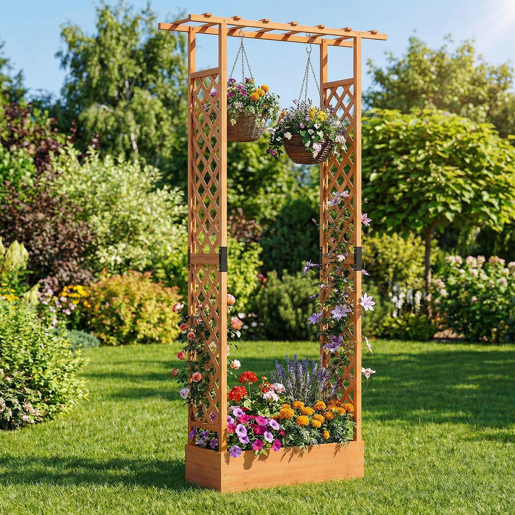Jardinière surélevée en bois de 89 pouces de haut avec treillis latéral et trous de drainage dans le toit suspendu - Orange