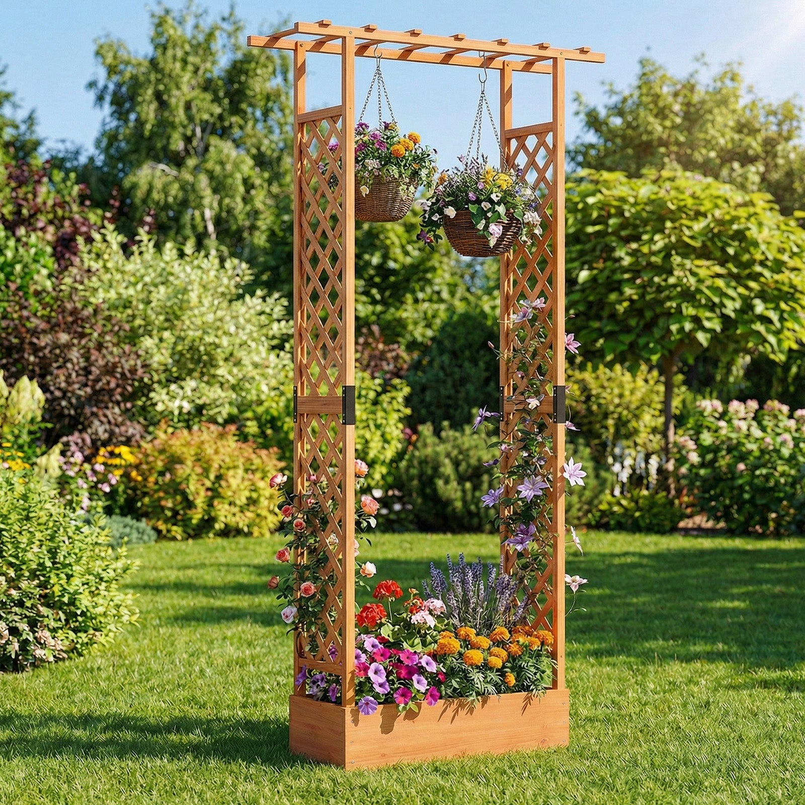 Jardinière surélevée en bois de 89 pouces de haut avec treillis latéral et trous de drainage dans le toit suspendu - Orange