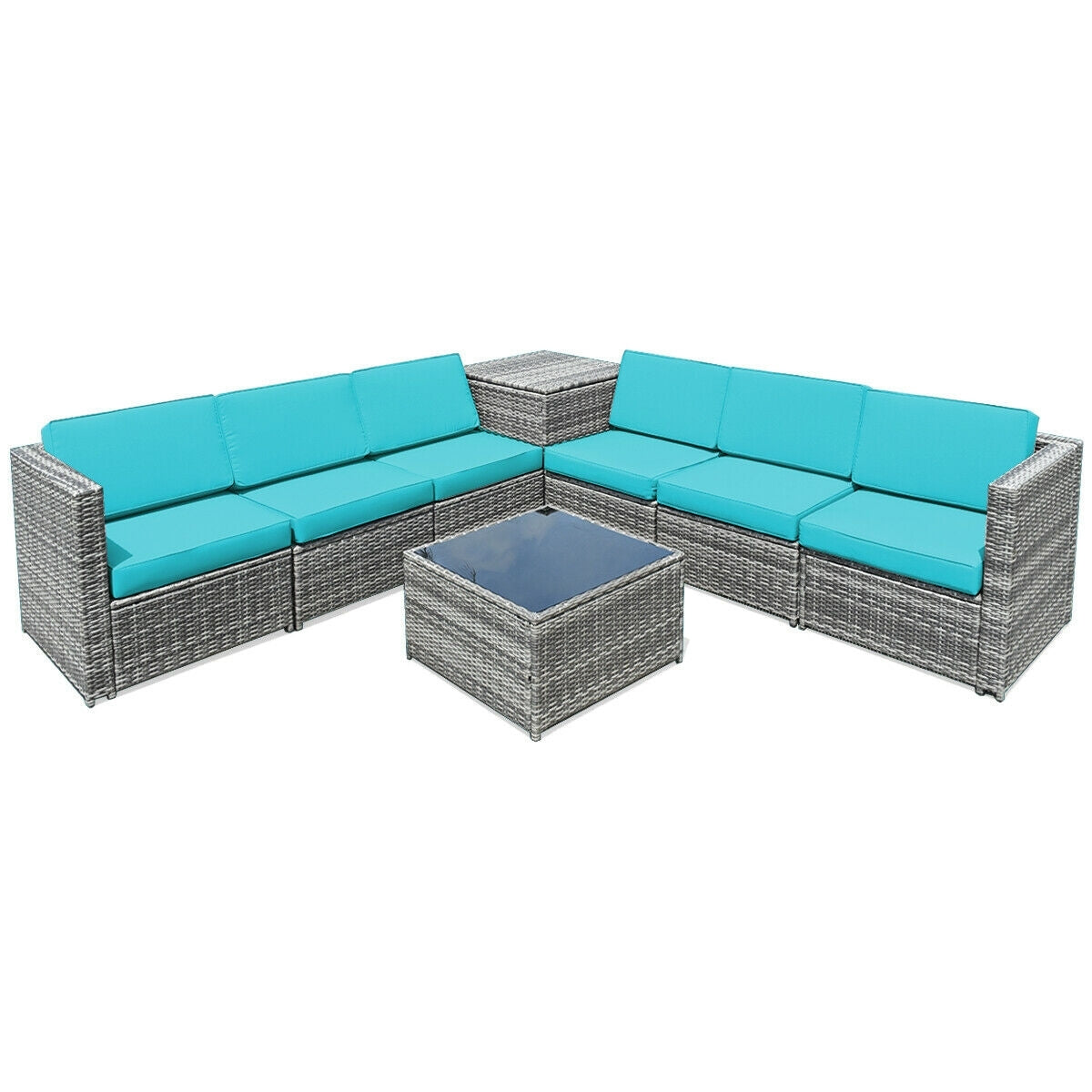 Ensemble de salle à manger 8 pièces en rotin et osier avec table de rangement - Turquoise