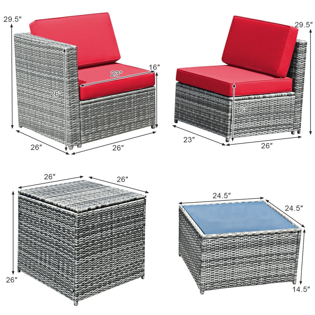 Ensemble de salle à manger 8 pièces en rotin et osier avec table de rangement - Rouge