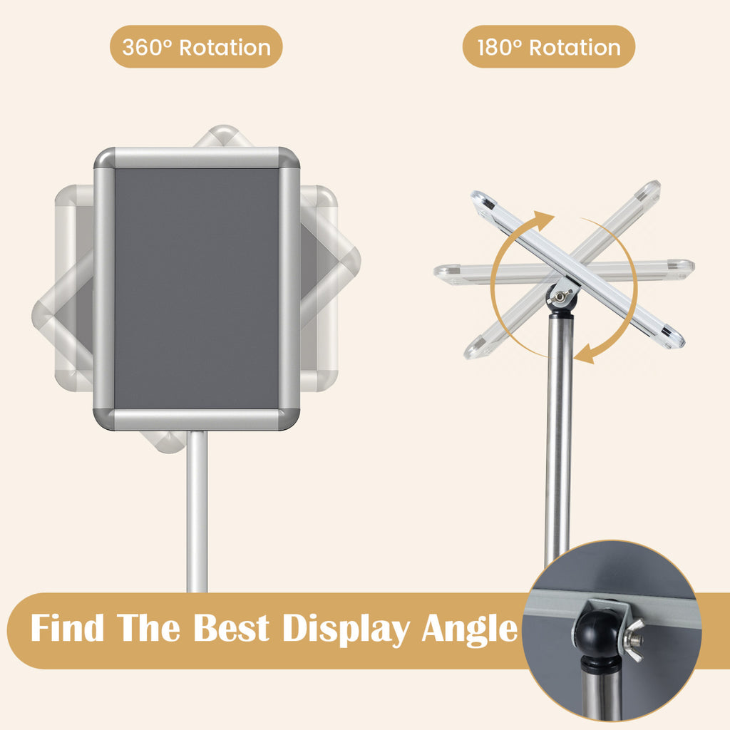 8.5 x 11Inch Sign Holder Stand with Snap-Open Frame and 360° Rotation-Silver