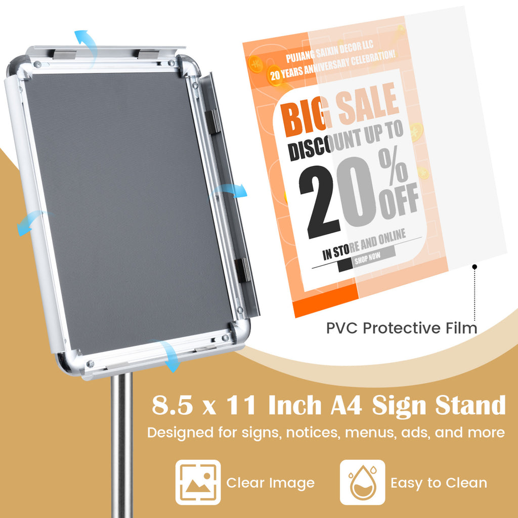 8.5 x 11Inch Sign Holder Stand with Snap-Open Frame and 360° Rotation-Silver