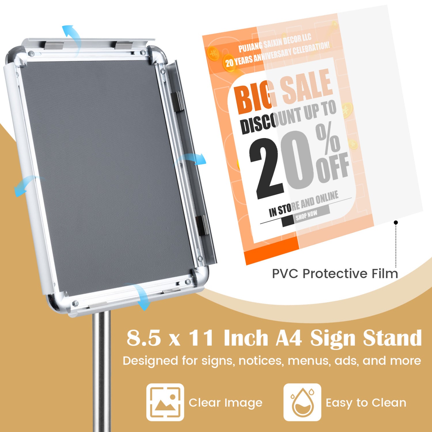 8.5 x 11Inch Sign Holder Stand with Snap-Open Frame and 360° Rotation-Silver