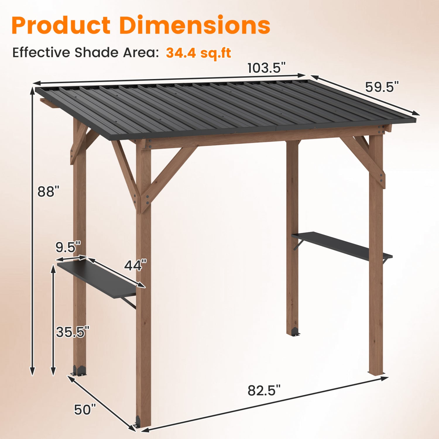 8.6 FT x 5 FT Grill Gazebo Cedar Wood BBQ Gazebo with 2 Side Serving Shelves-Brown
