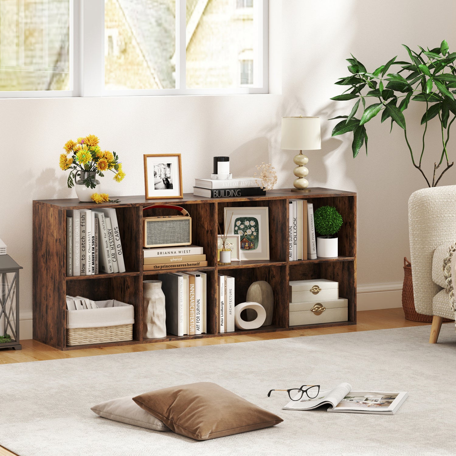 8-Cube Bookcase Bookshelf with 2 Anti-Tipping Kits Storage Organizer-Rustic Brown
