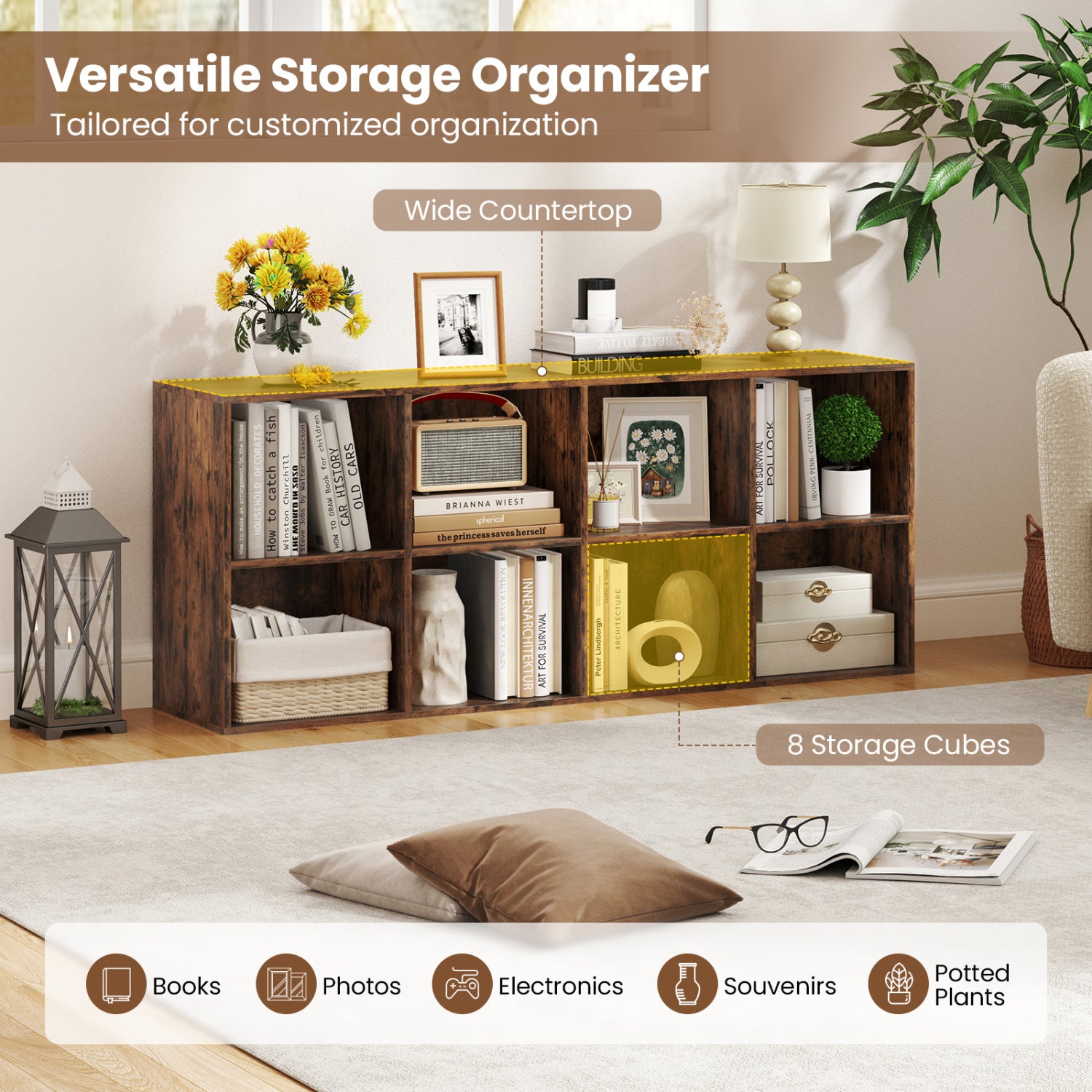 8-Cube Bookcase Bookshelf with 2 Anti-Tipping Kits Storage Organizer-Rustic Brown