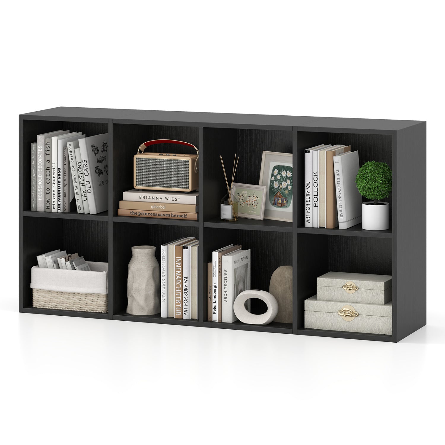 8-Cube Bookcase Bookshelf with 2 Anti-Tipping Kits Storage Organizer-Black