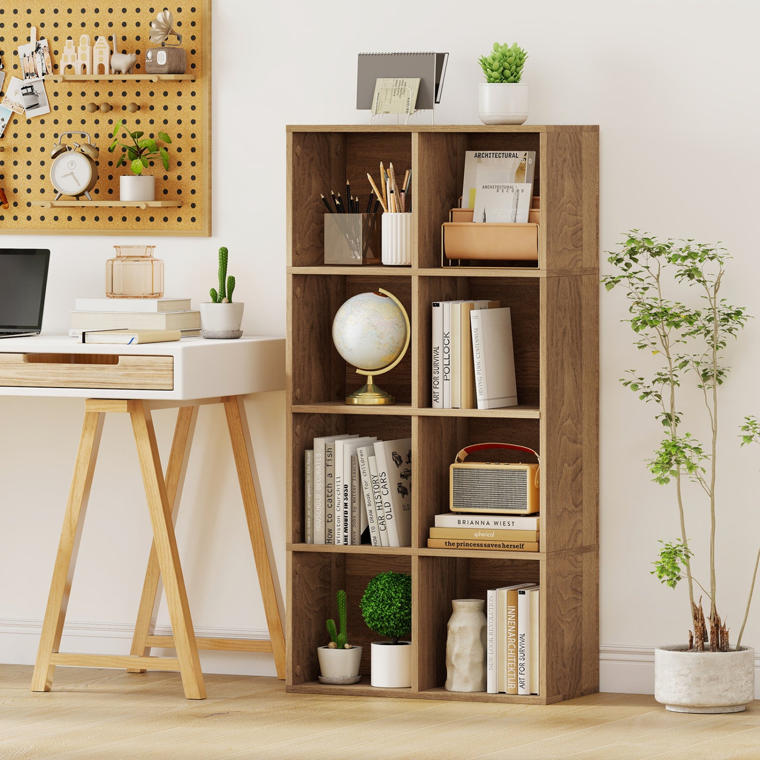8-Cube Bookcase Bookshelf with 2 Anti-Tipping Kits Storage Organizer-Natural