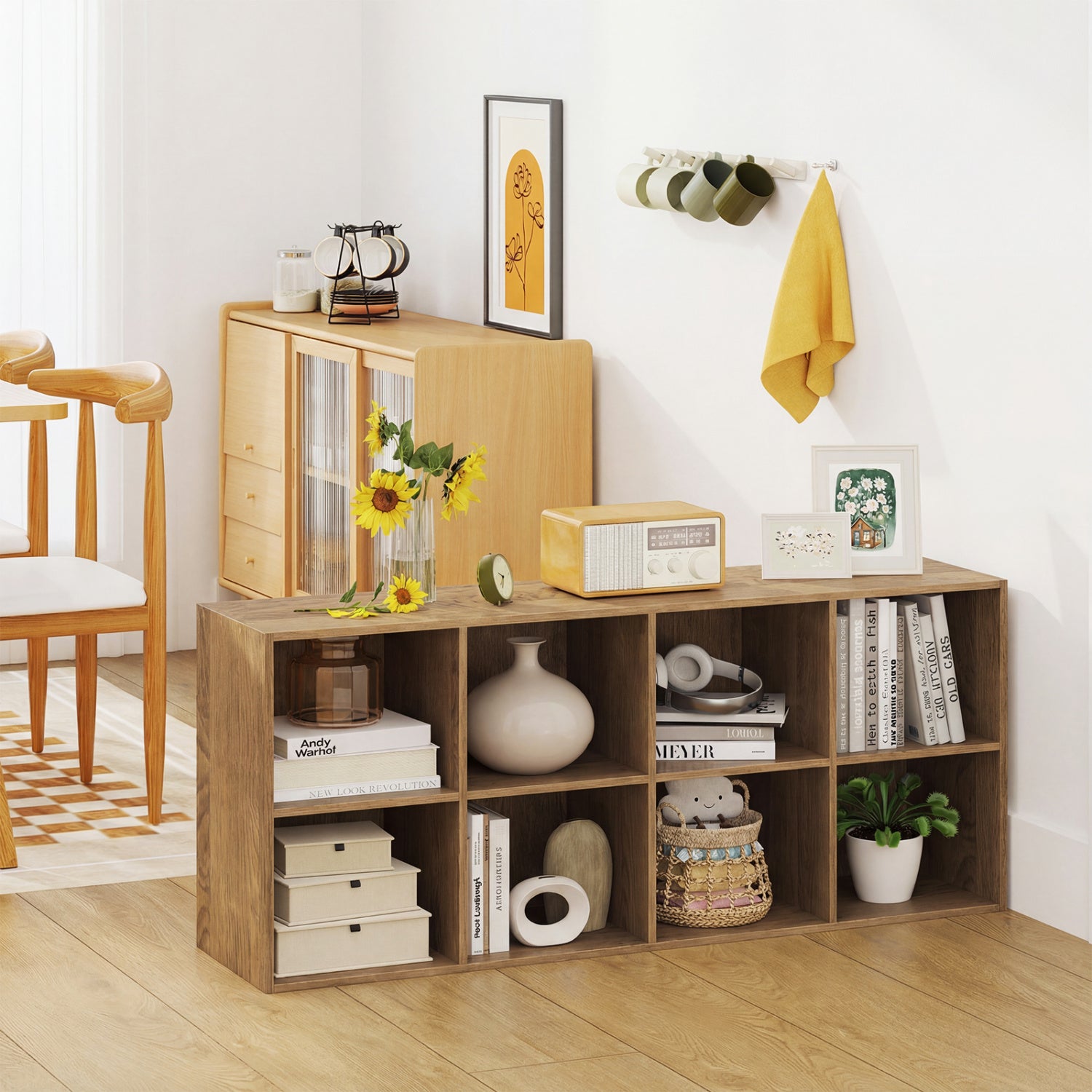 8-Cube Bookcase Bookshelf with 2 Anti-Tipping Kits Storage Organizer-Natural