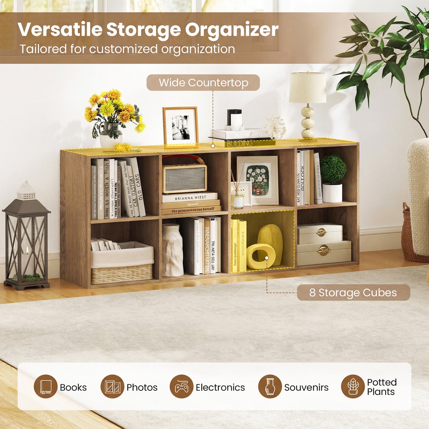 8-Cube Bookcase Bookshelf with 2 Anti-Tipping Kits Storage Organizer-Natural