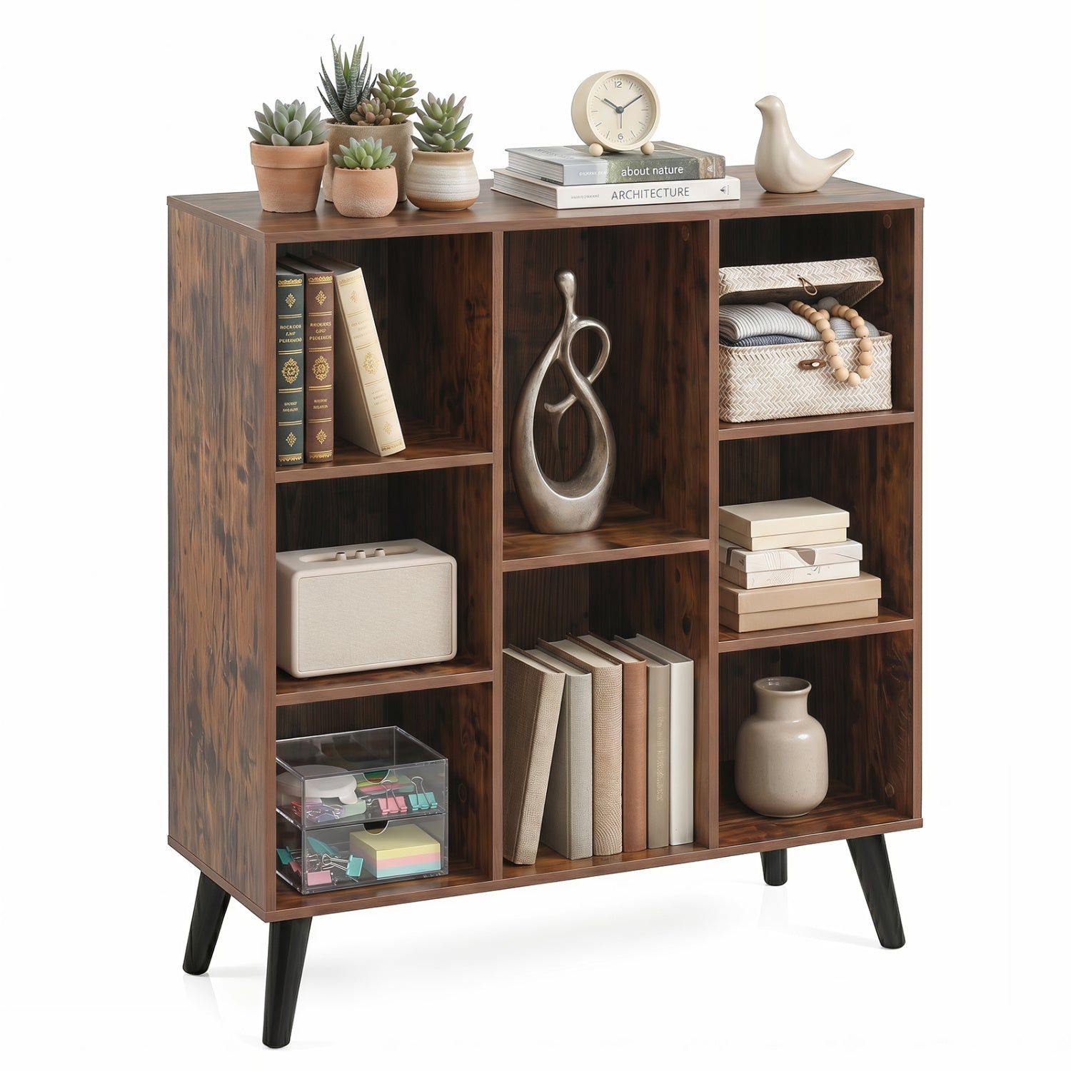 8-Cube Bookcase with Raised Support Legs for Living Room-Rustic Brown