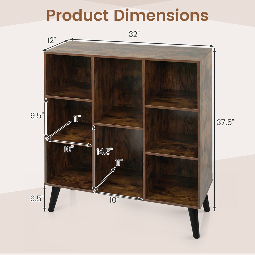 8-Cube Bookcase with Raised Support Legs for Living Room-Rustic Brown
