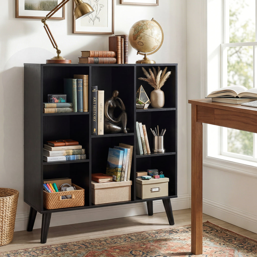8-Cube Bookcase with Raised Support Legs for Living Room-Black