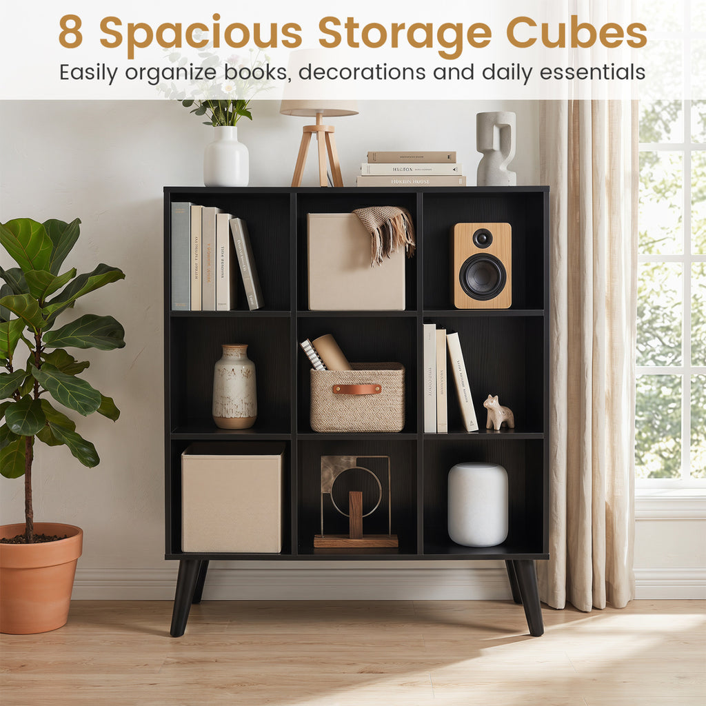8-Cube Bookcase with Raised Support Legs for Living Room-Black