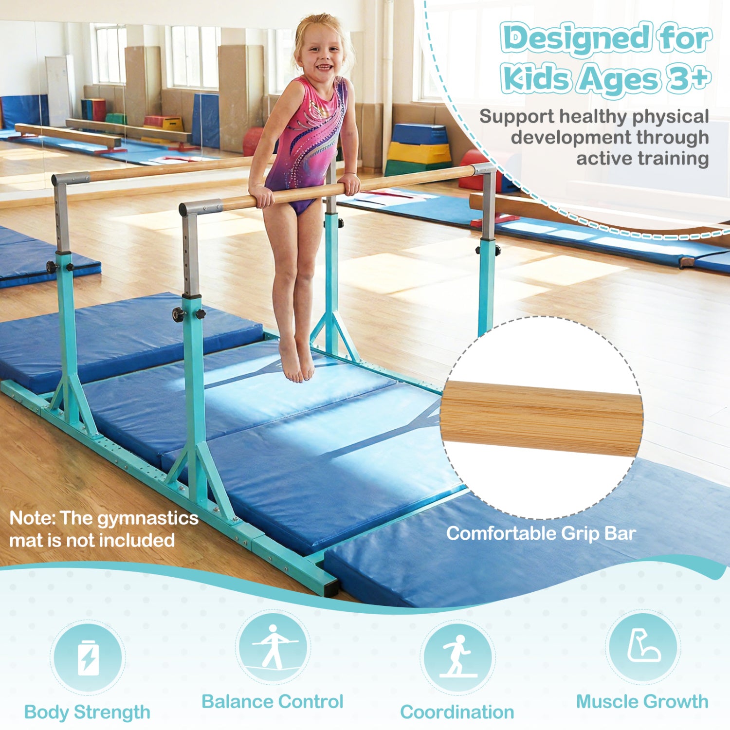 8 FT Double Horizontal Bars with 13-Level Adjustable Heights-Green