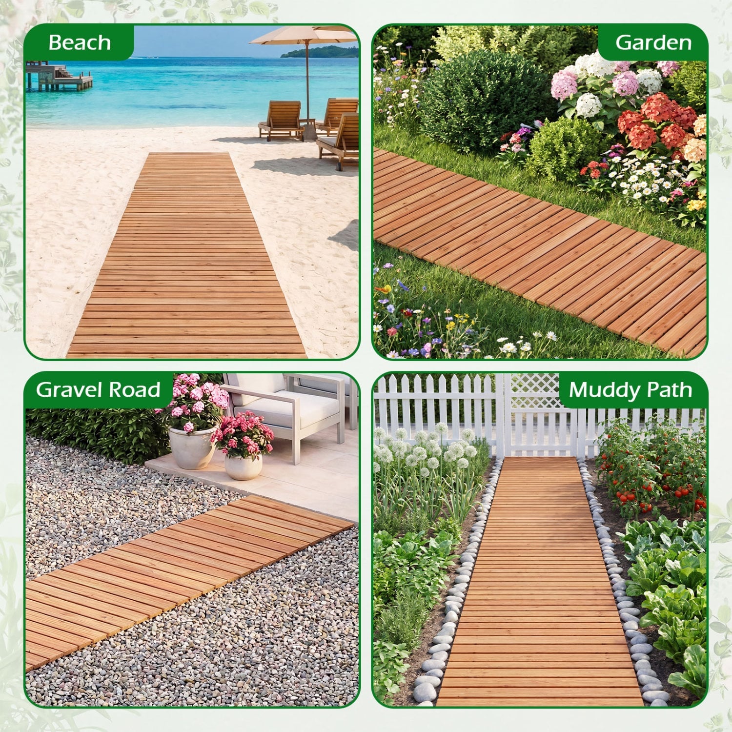 8 FT Wooden Garden Pathway with Non-Slip Surface for Patio-Natural