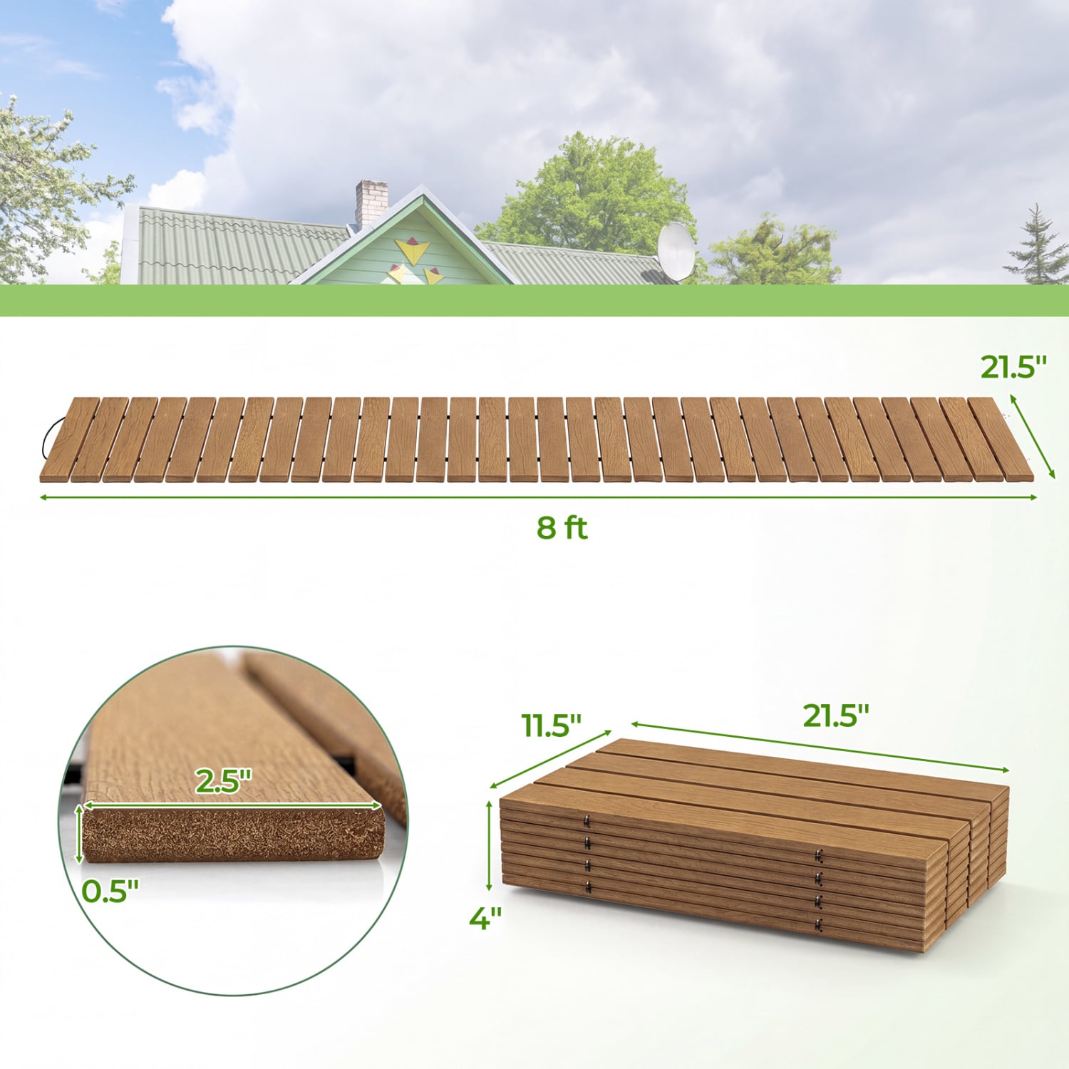 8 Feet Outdoor Pathway Straight Roll-Out Patio Boardwalk-Brown