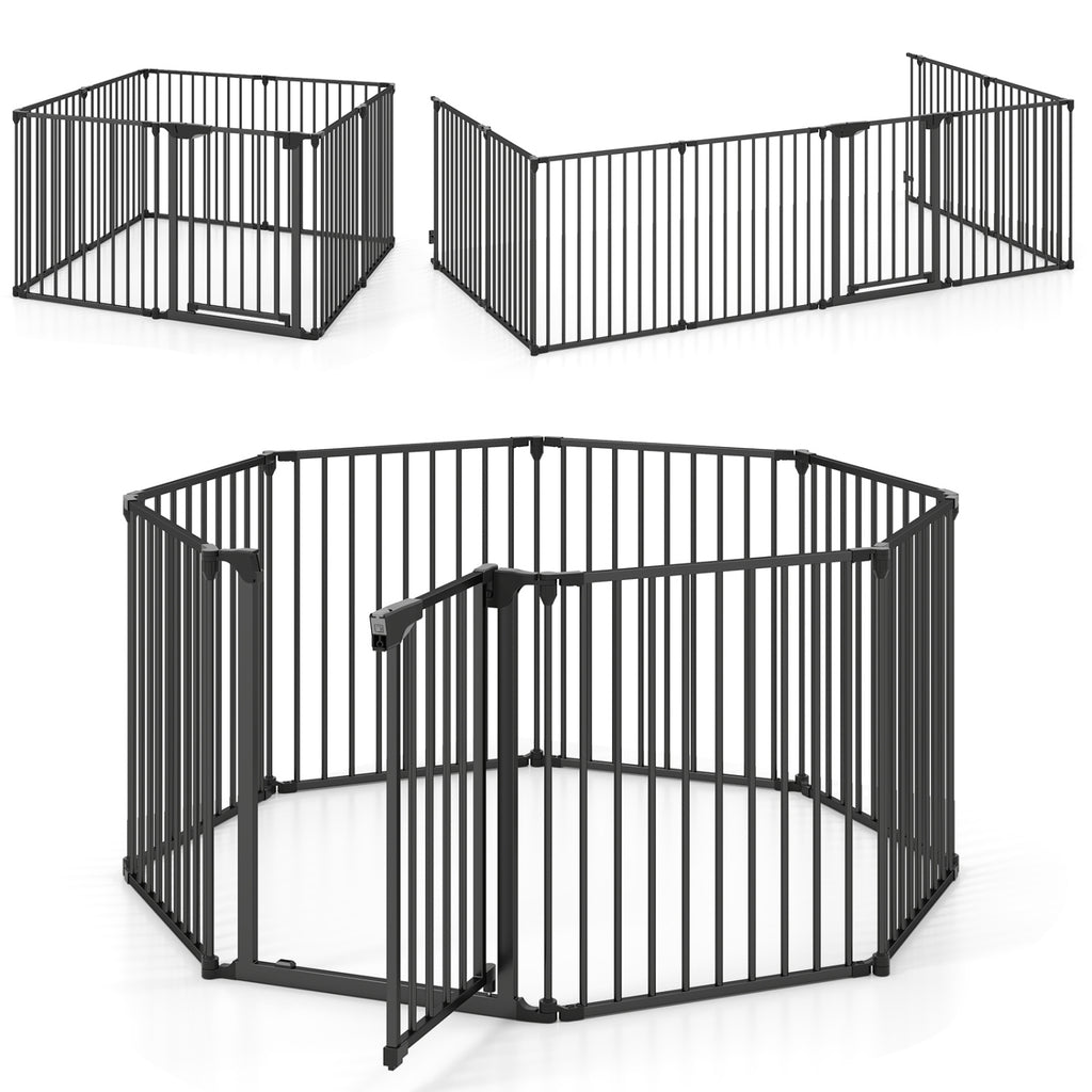 8-Panel Extra Wide Baby Gate Adjustable Pet Safety Fence with Auto-close Door-Black
