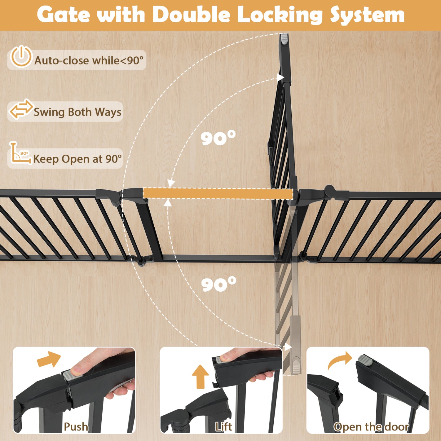 8-Panel Extra Wide Baby Gate Adjustable Pet Safety Fence with Auto-close Door-Black