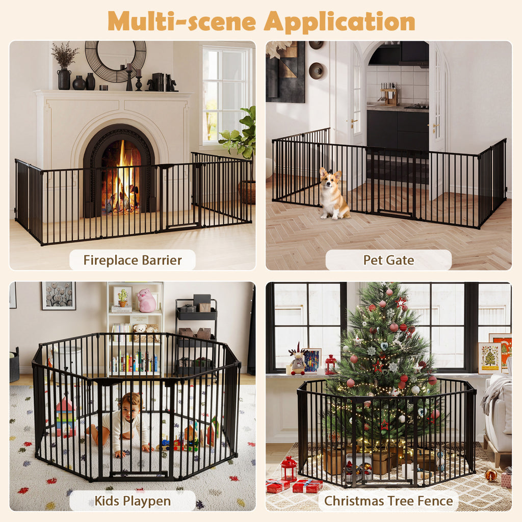 8-Panel Extra Wide Baby Gate Adjustable Pet Safety Fence with Auto-close Door-Black
