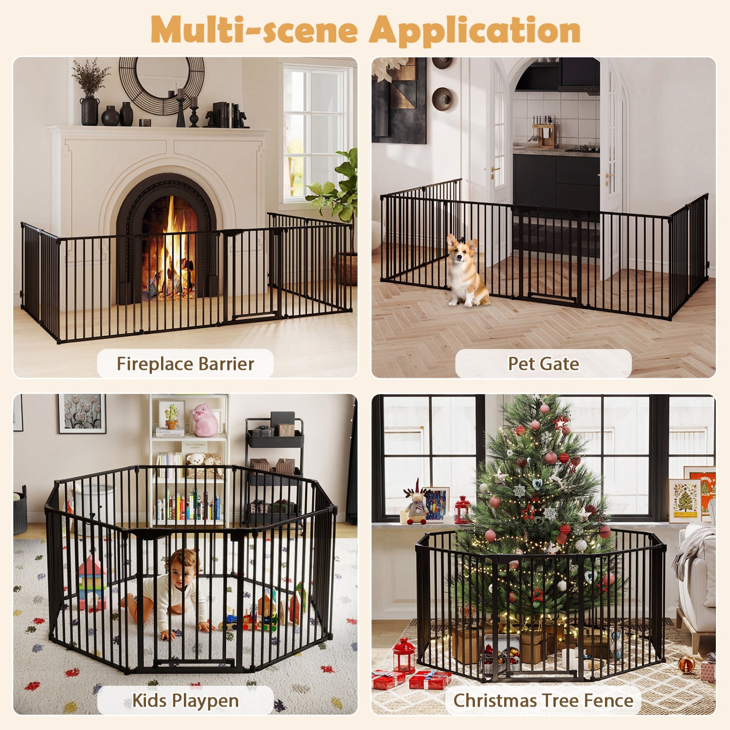 8-Panel Extra Wide Baby Gate Adjustable Pet Safety Fence with Auto-close Door-Black