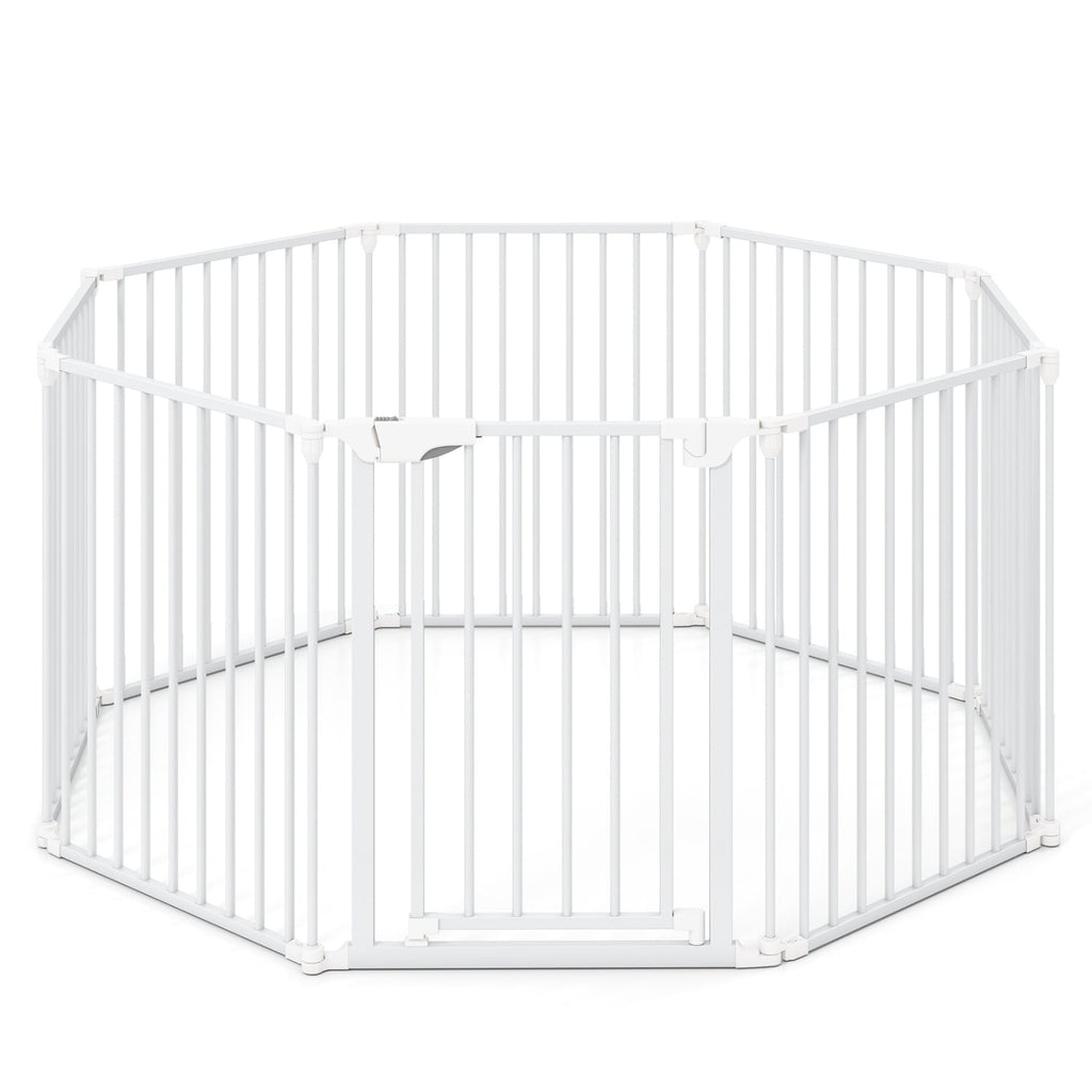 8-Panel Extra Wide Baby Gate Adjustable Pet Safety Fence with Auto-close Door-White