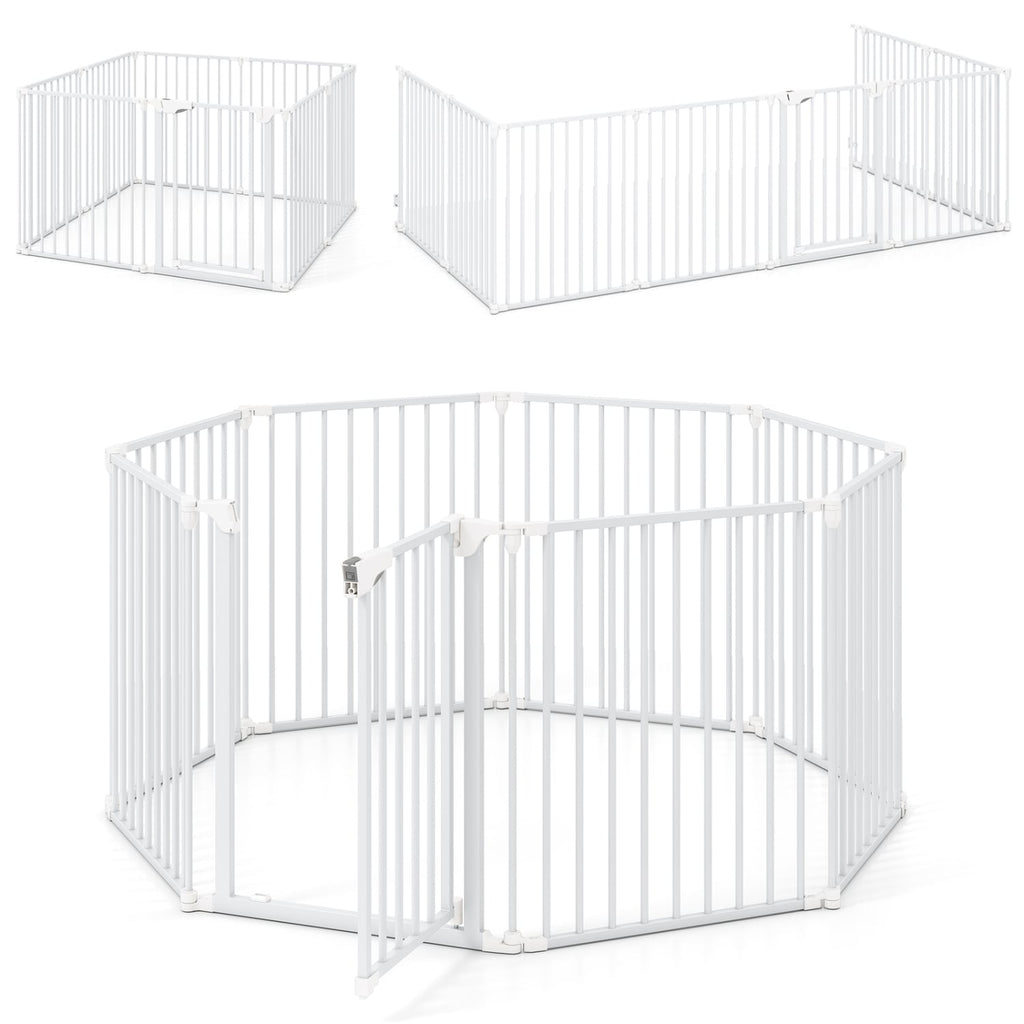 8-Panel Extra Wide Baby Gate Adjustable Pet Safety Fence with Auto-close Door-White