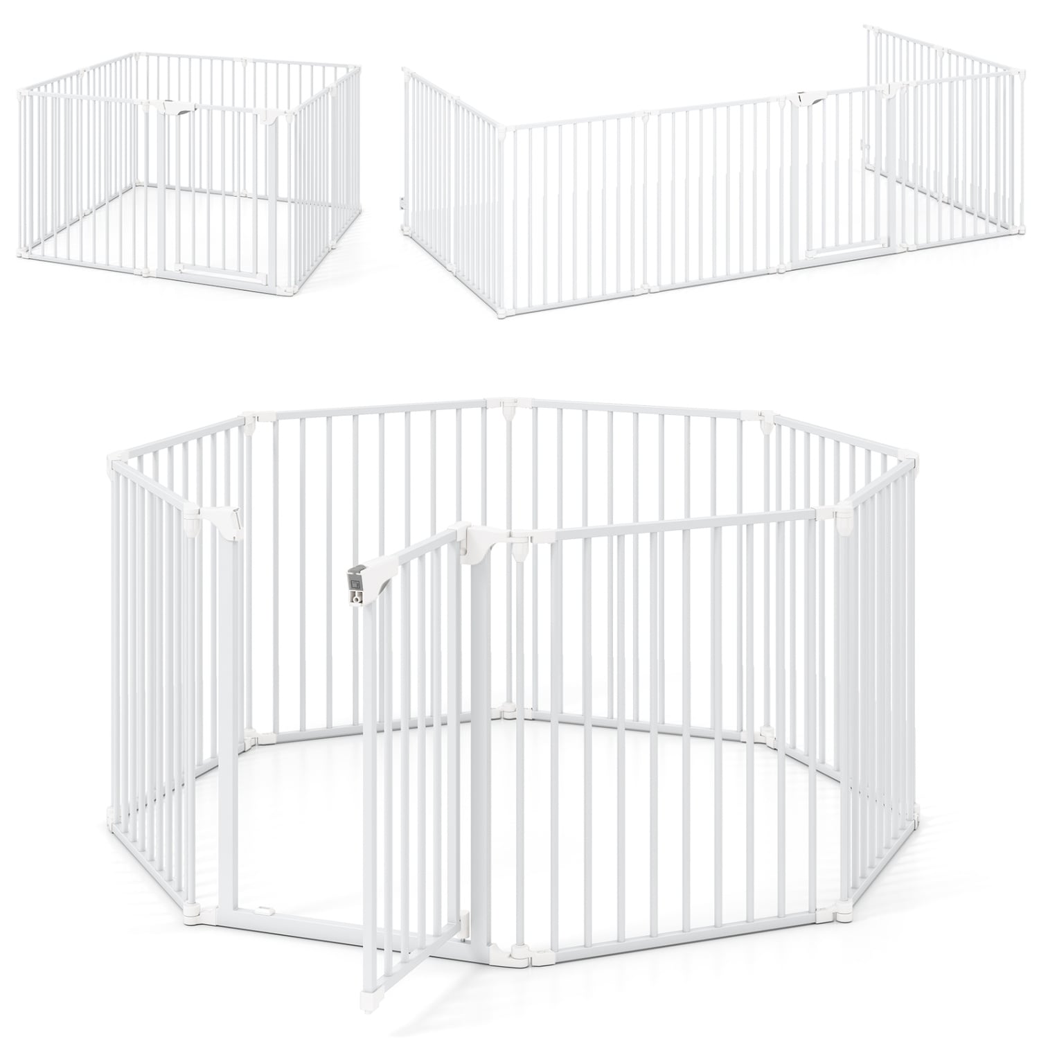 8-Panel Extra Wide Baby Gate Adjustable Pet Safety Fence with Auto-close Door-White