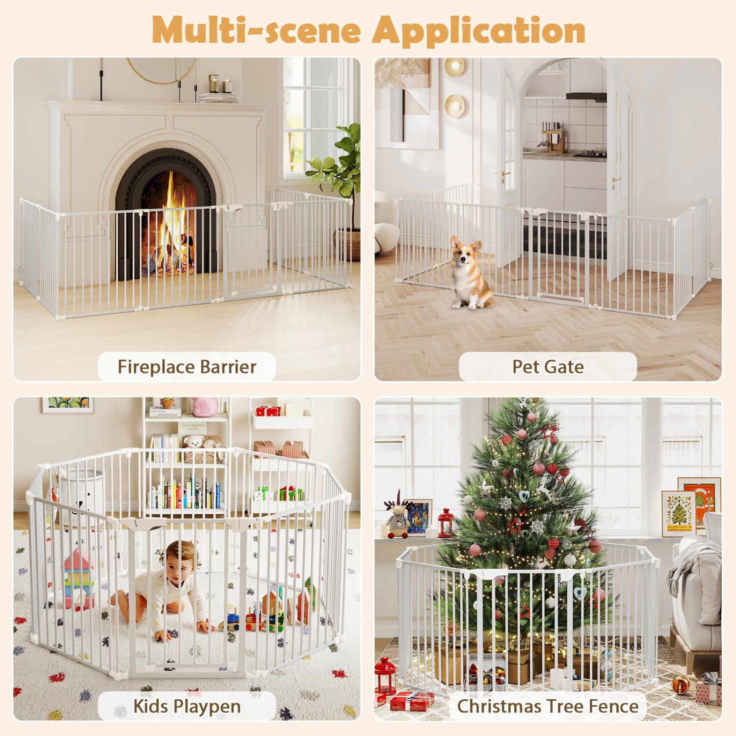 8-Panel Extra Wide Baby Gate Adjustable Pet Safety Fence with Auto-close Door-White
