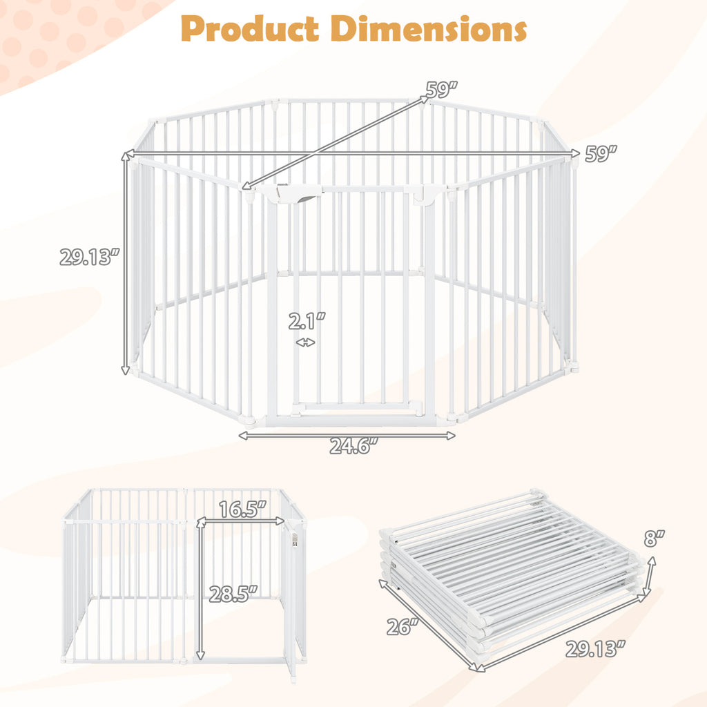 8-Panel Extra Wide Baby Gate Adjustable Pet Safety Fence with Auto-close Door-White
